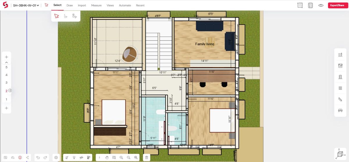 Snaptrude automatically dimensions floor plans with a click